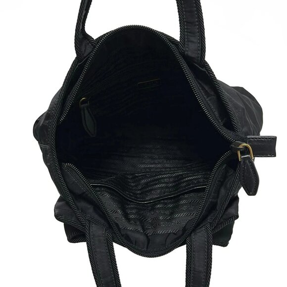 Auth PRADA Logo Jacquard - Black Nylon Handbag - Picture 7 of 9